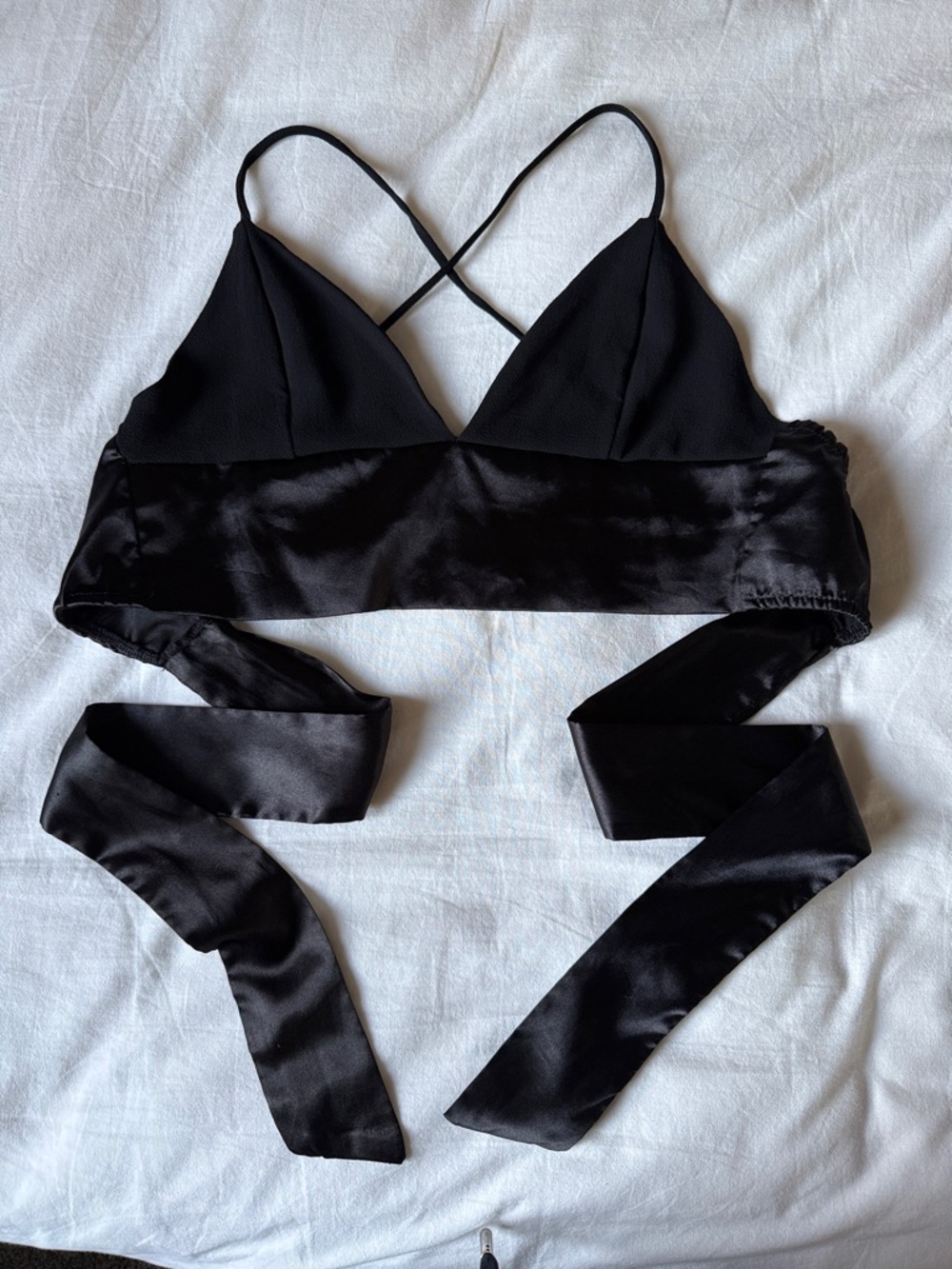Lucy in the Sky Black Satin Wrap Bralette with Long Ties